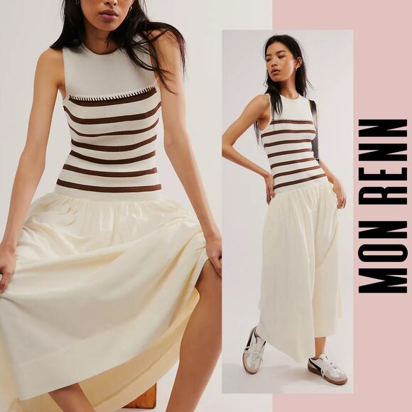 Mon Renn knit ribbed dress midi sleeveless striped pleated Small - Picture 1 of 9